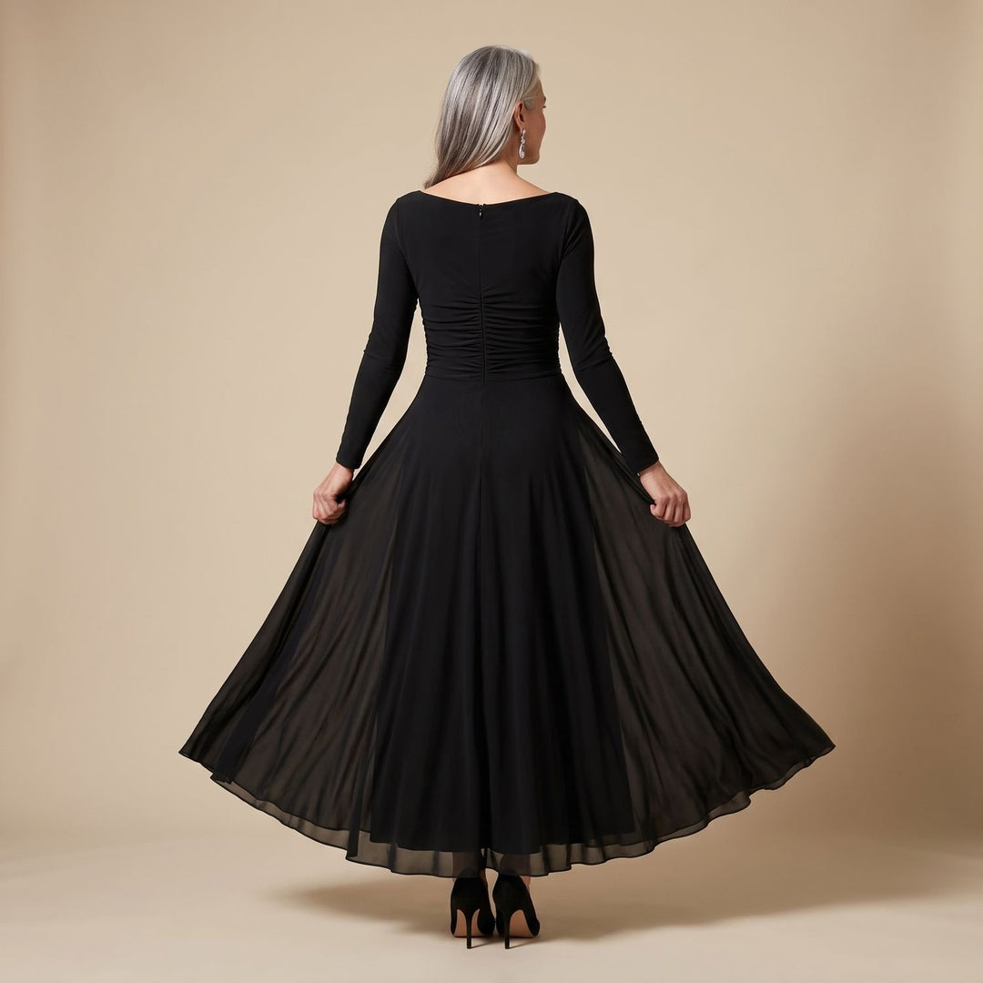 Women's Long-Sleeve Boat-Neck Ruched Formal Maxi Dress