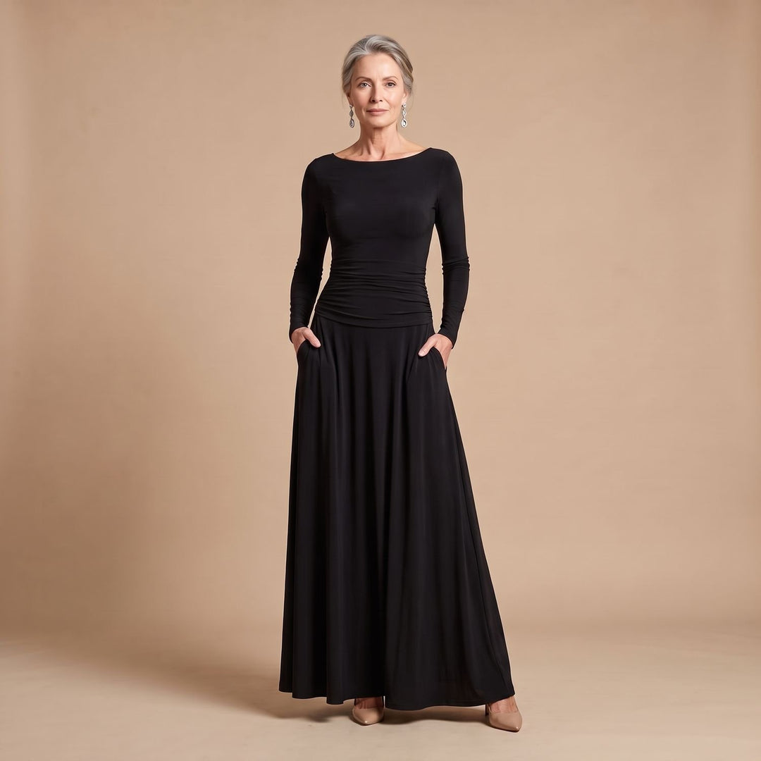 Women's Long-Sleeve Boat-Neck Ruched Formal Maxi Dress