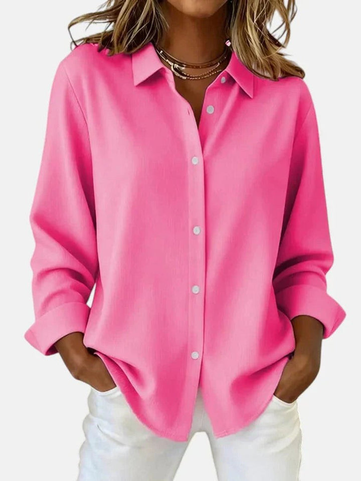 Women's Long-Sleeve Button-Down Collared Relaxed Blouse - Fuchsia