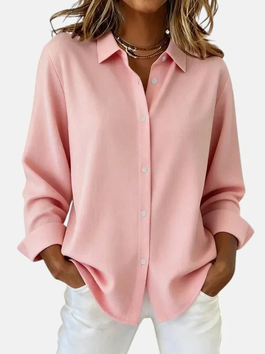 Women's Long-Sleeve Button-Down Collared Relaxed Blouse - Pink