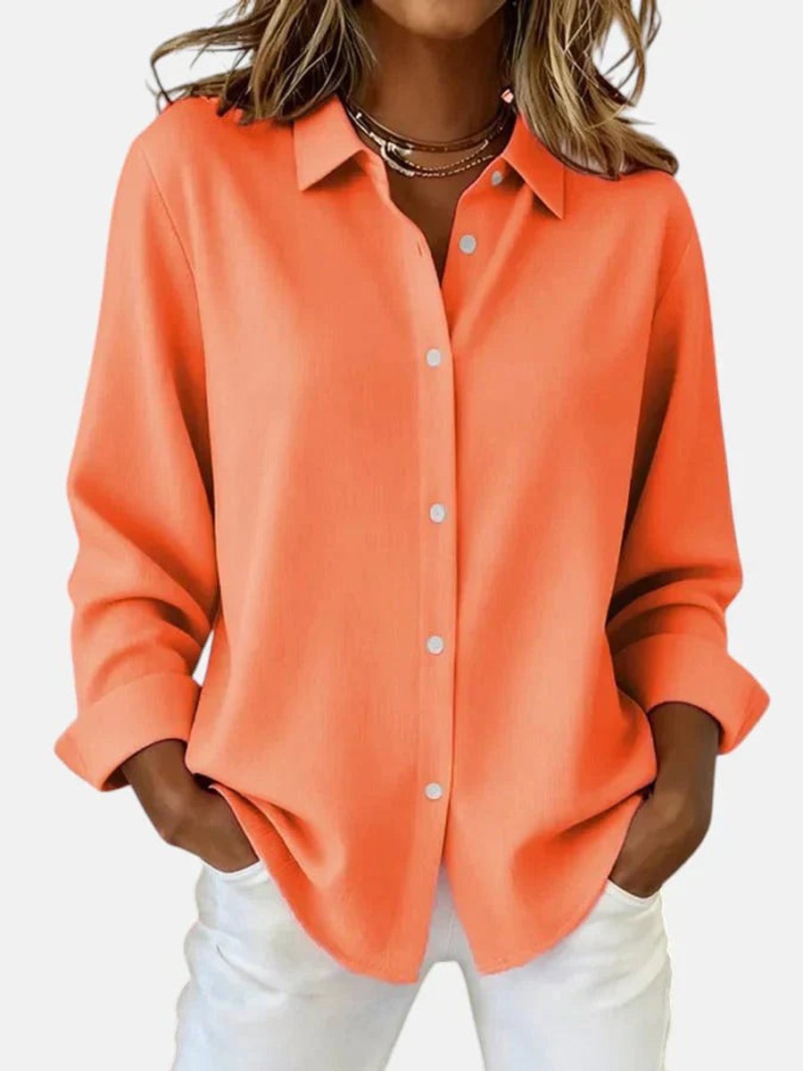 Women's Long-Sleeve Button-Down Collared Relaxed Blouse - Orange