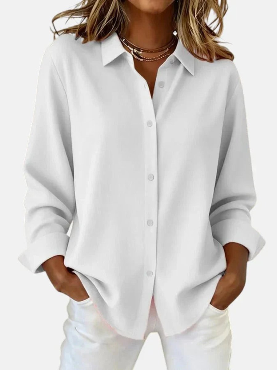 Women's Long-Sleeve Button-Down Collared Relaxed Blouse - White