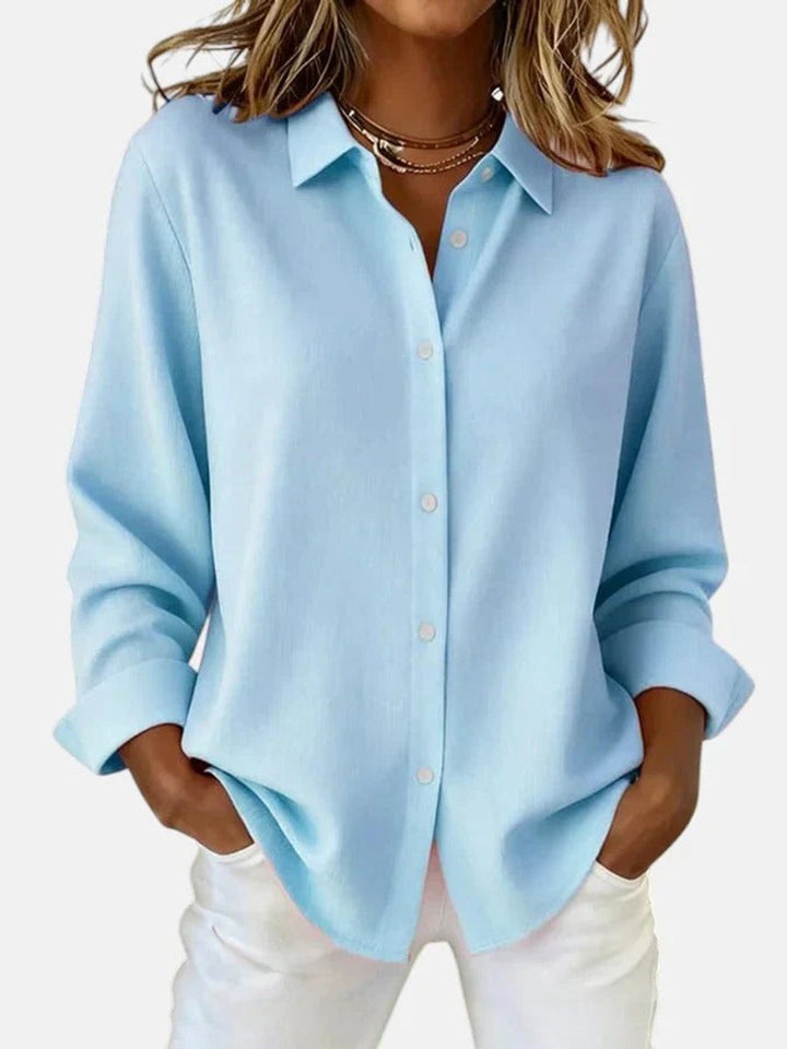 Women's Long-Sleeve Button-Down Collared Relaxed Blouse - Blue