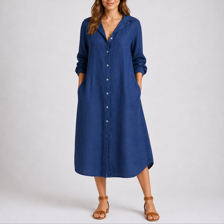 Women's Long-Sleeve Button-Front Midi Shirt Dress Fall Wedding Guest Dresses - Blue