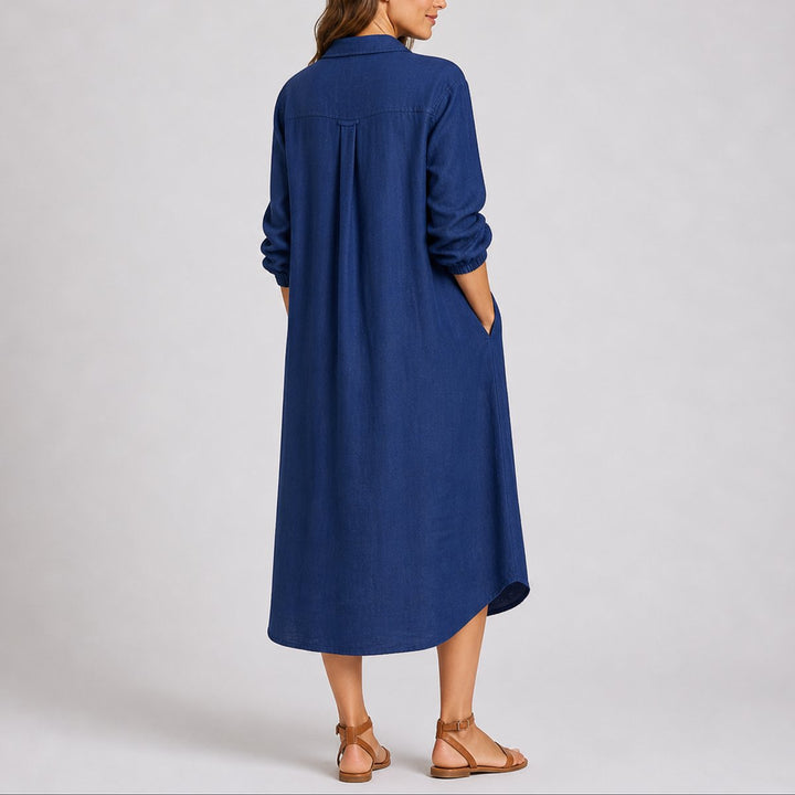 Women's Long-Sleeve Button-Front Midi Shirt Dress Fall Wedding Guest Dresses