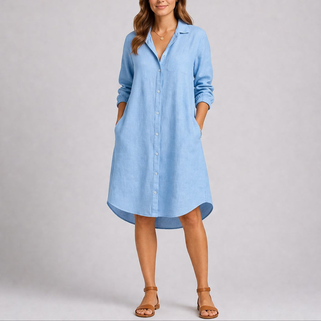 Women's Long-Sleeve Button-Front Midi Shirt Dress Fall Wedding Guest Dresses - Light Blue
