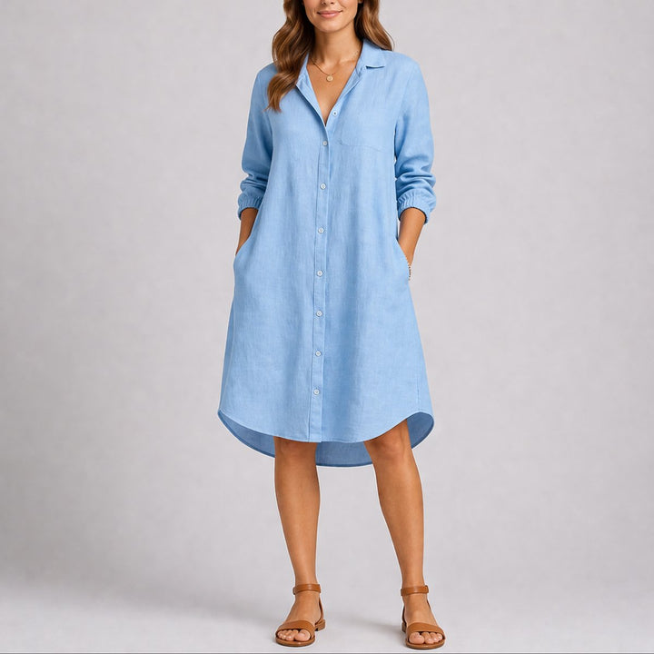 Women's Long-Sleeve Button-Front Midi Shirt Dress Fall Wedding Guest Dresses - Light Blue
