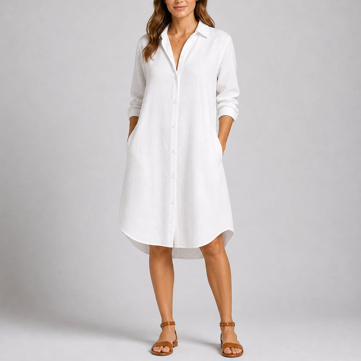 Women's Long-Sleeve Button-Front Midi Shirt Dress Fall Wedding Guest Dresses - White