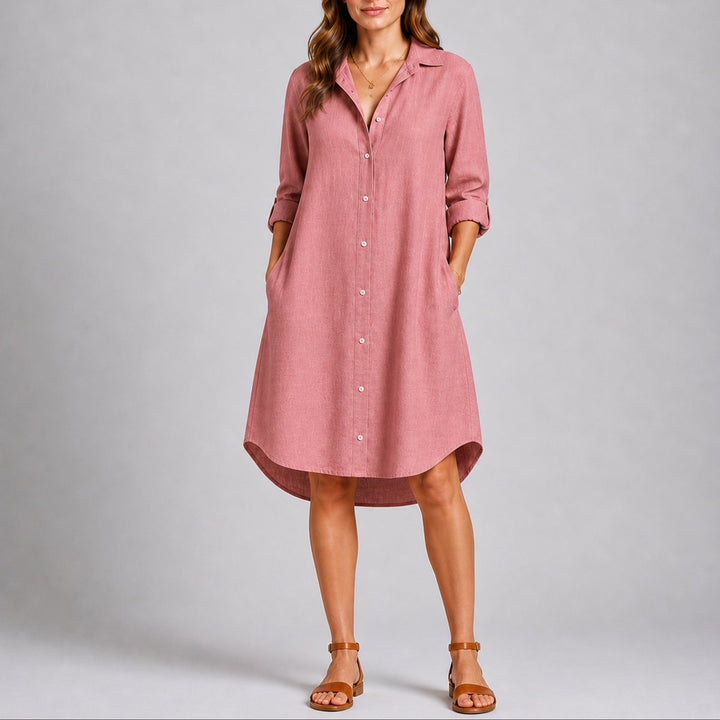 Women's Long-Sleeve Button-Front Midi Shirt Dress Fall Wedding Guest Dresses - Pink