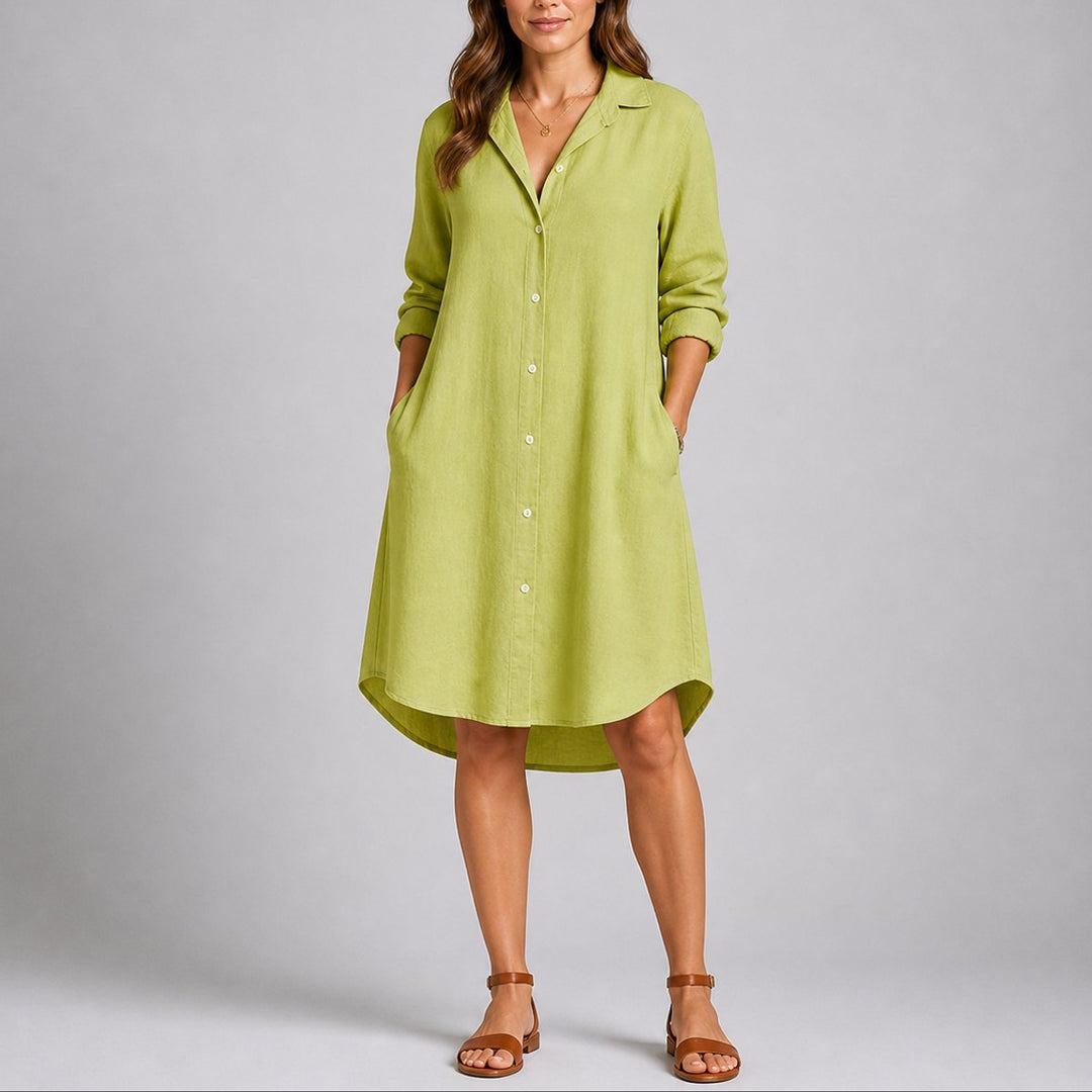 Women's Long-Sleeve Button-Front Midi Shirt Dress Fall Wedding Guest Dresses - Green