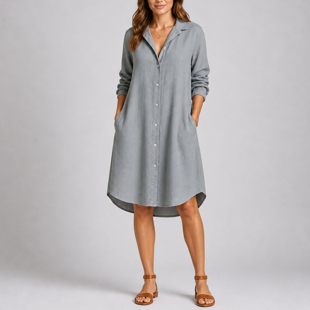 Women's Long-Sleeve Button-Front Midi Shirt Dress Fall Wedding Guest Dresses - Gray