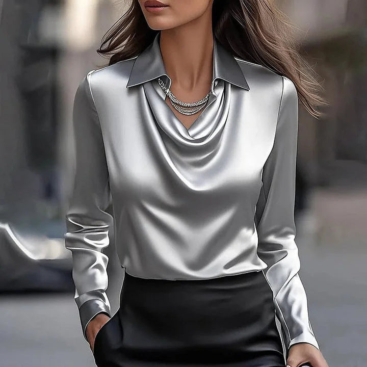 Women's Long-Sleeve Cowl-Neck Satin Collared Blouse - Gray