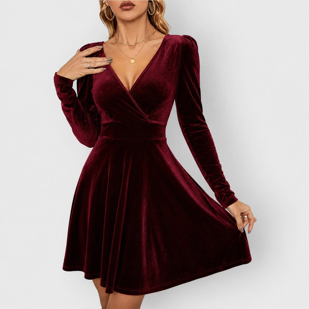Women's Long-Sleeve Deep V-Neck Velvet Skater Formal Dress - Red