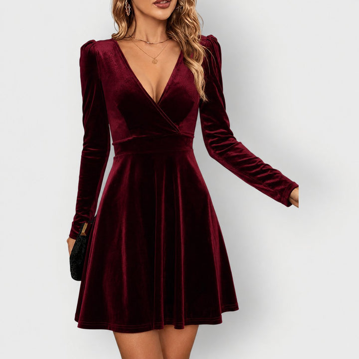 Women's Long-Sleeve Deep V-Neck Velvet Skater Formal Dress