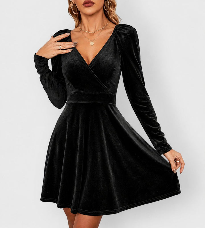Women's Long-Sleeve Deep V-Neck Velvet Skater Formal Dress - Black