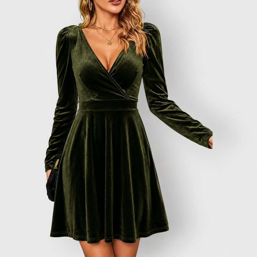 Women's Long-Sleeve Deep V-Neck Velvet Skater Formal Dress