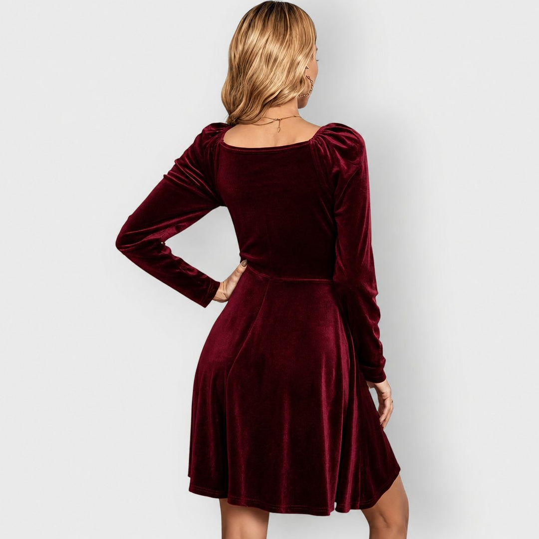 Women's Long-Sleeve Deep V-Neck Velvet Skater Formal Dress