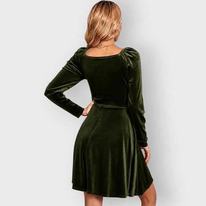 Women's Long-Sleeve Deep V-Neck Velvet Skater Formal Dress
