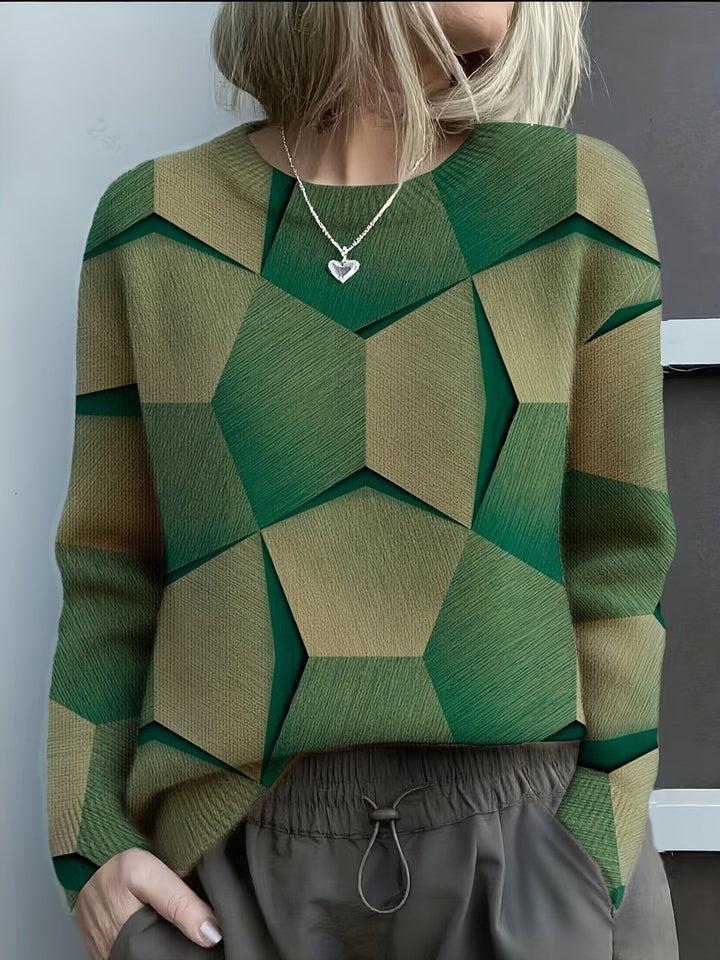Women's Long Sleeve Geometric Print Knit Sweater Crew Neck - Green
