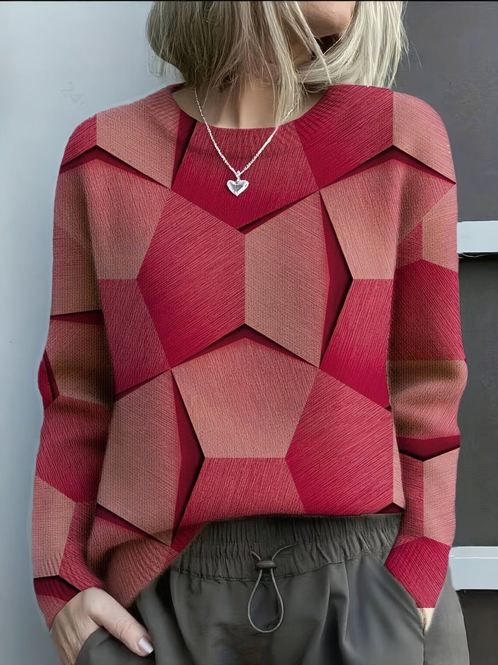 Women's Long Sleeve Geometric Print Knit Sweater Crew Neck - Red
