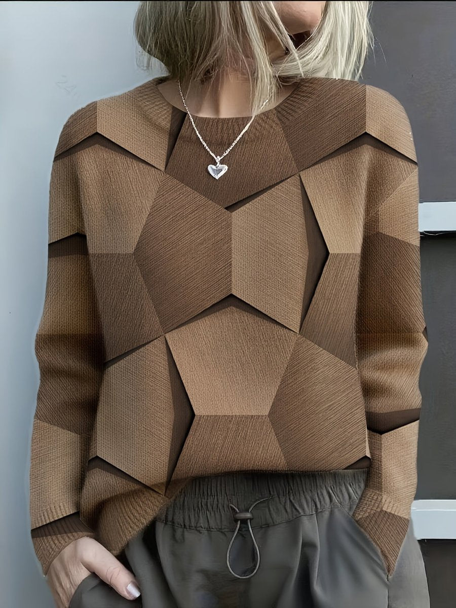 Women's Long Sleeve Geometric Print Knit Sweater Crew Neck - Brown