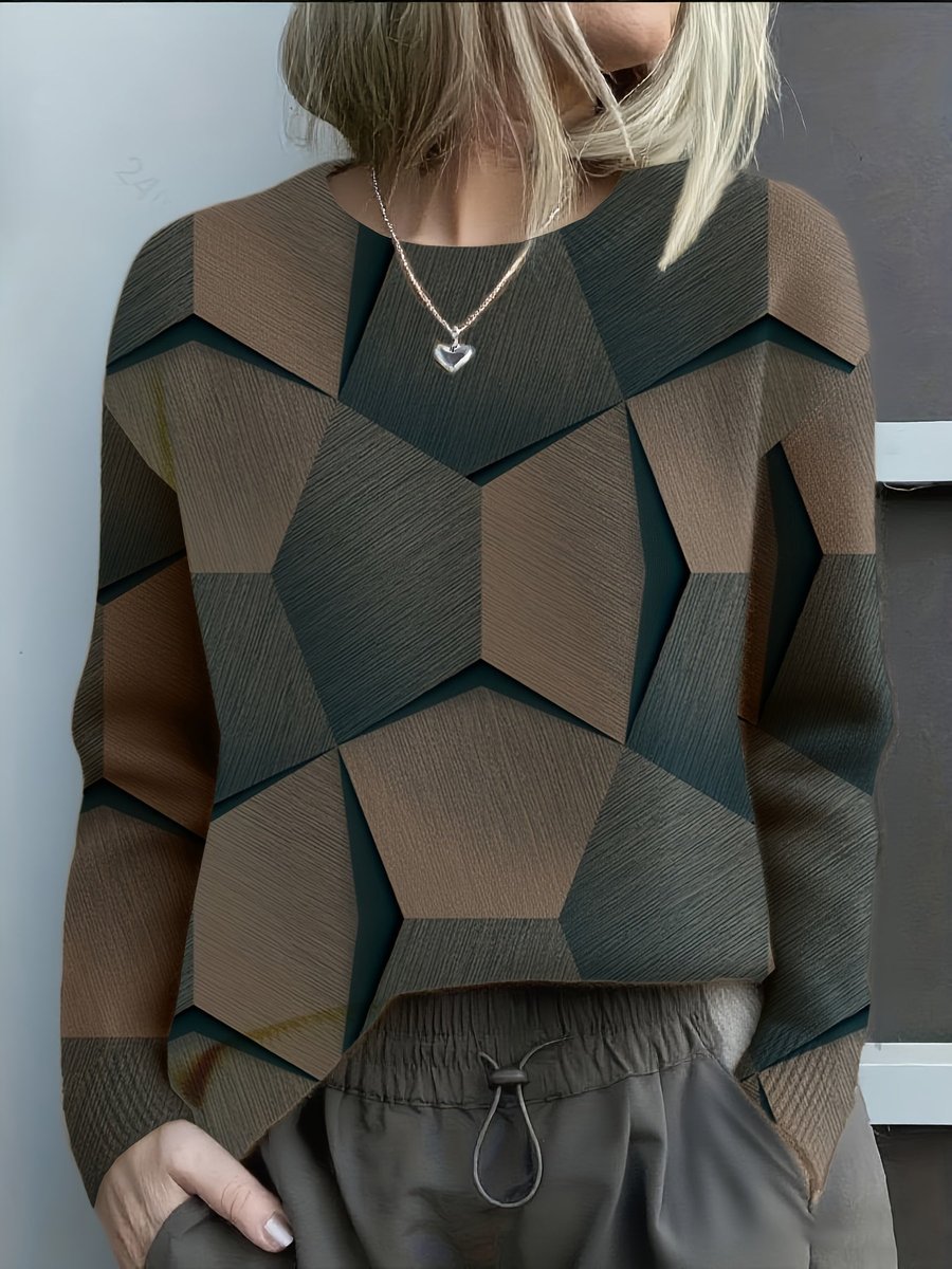 Women's Long Sleeve Geometric Print Knit Sweater Crew Neck - Black