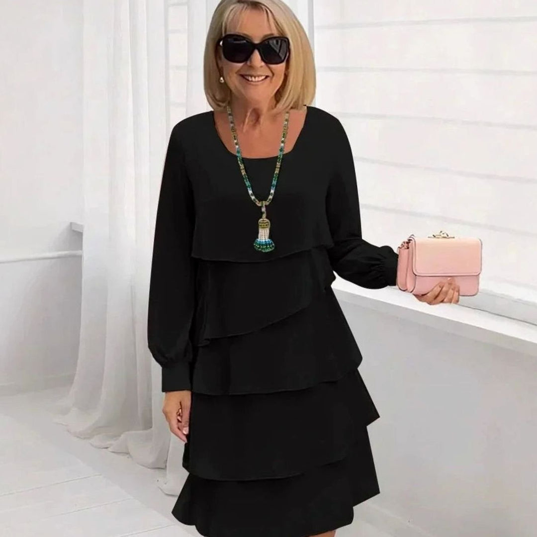 Women's Long Sleeve Layered Ruffle Midi Dress - Black
