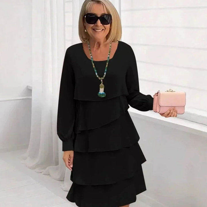 Women's Long Sleeve Layered Ruffle Midi Dress - Black