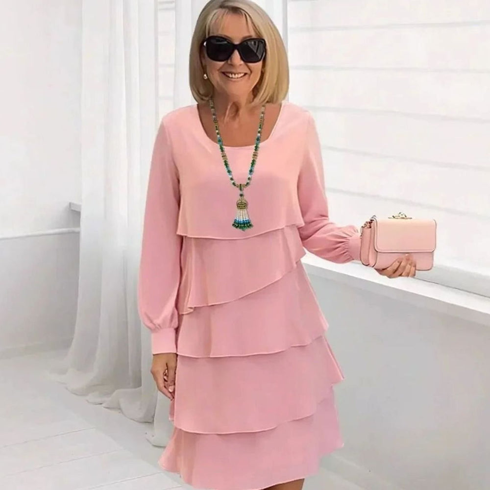 Women's Long Sleeve Layered Ruffle Midi Dress - Pink