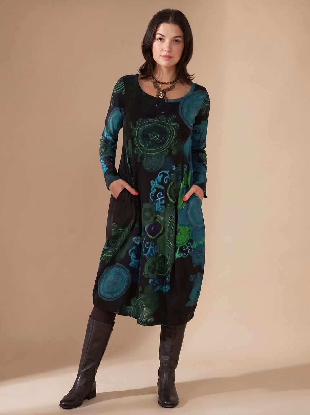 Women's Long-Sleeve Midi Dress Loose Fit Allover Print Side Pockets - Blue