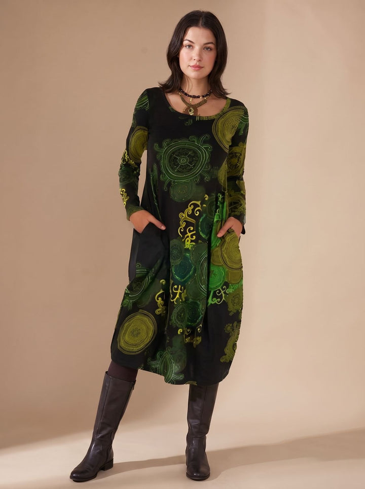 Women's Long-Sleeve Midi Dress Loose Fit Allover Print Side Pockets - Green