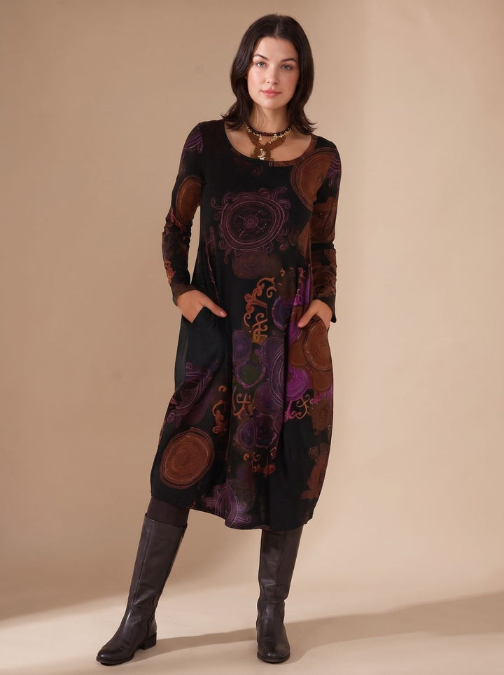 Women's Long-Sleeve Midi Dress Loose Fit Allover Print Side Pockets - Red