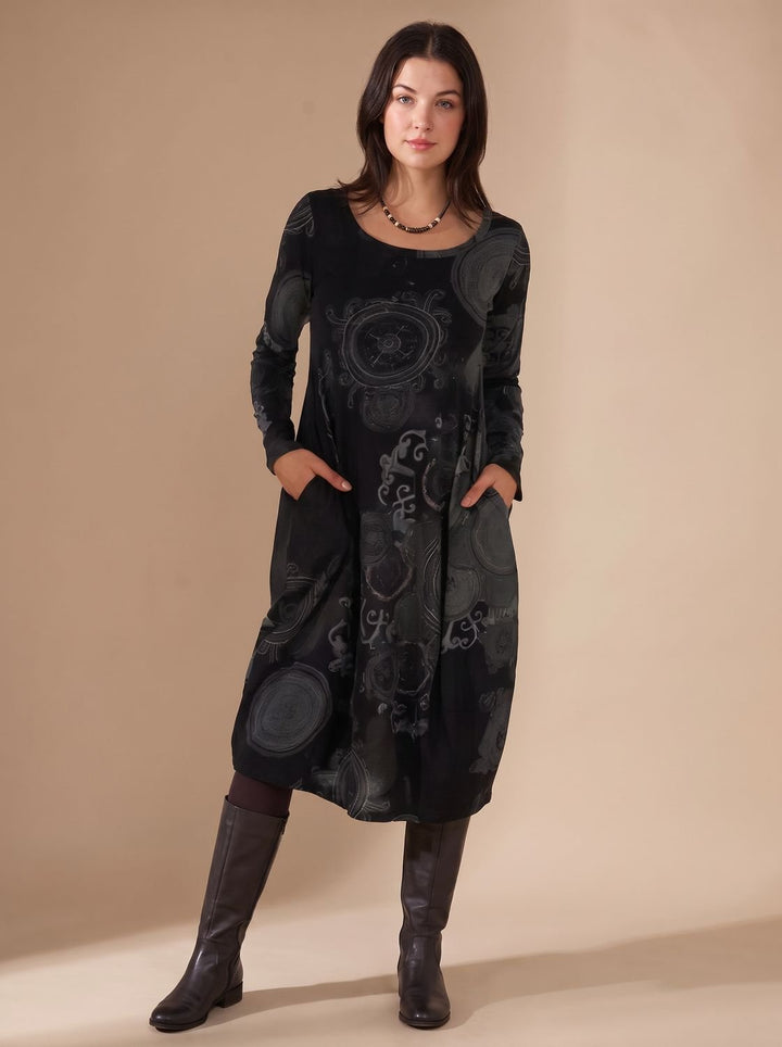 Women's Long-Sleeve Midi Dress Loose Fit Allover Print Side Pockets - Black