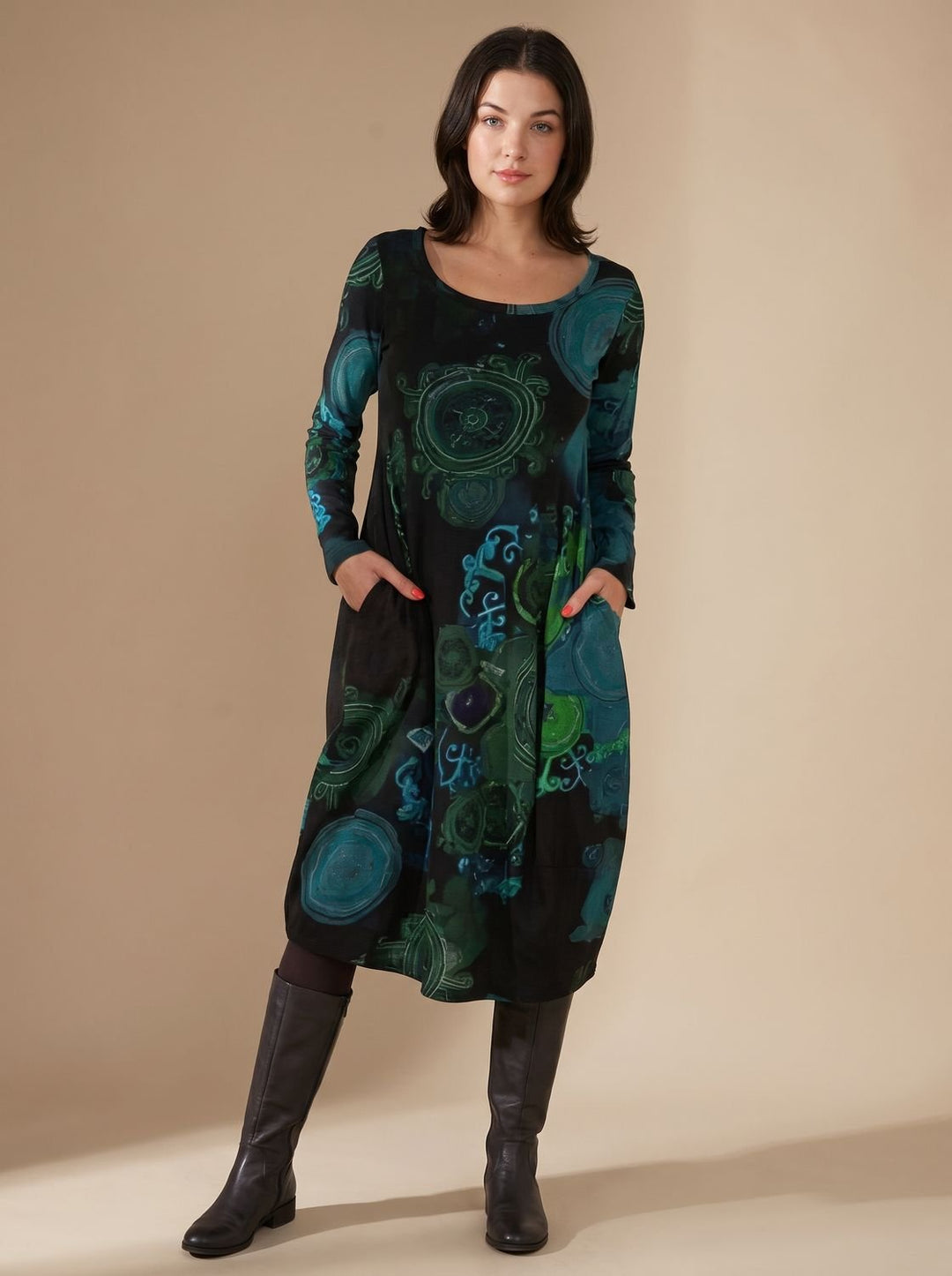 Women's Long-Sleeve Midi Dress Loose Fit Allover Print Side Pockets
