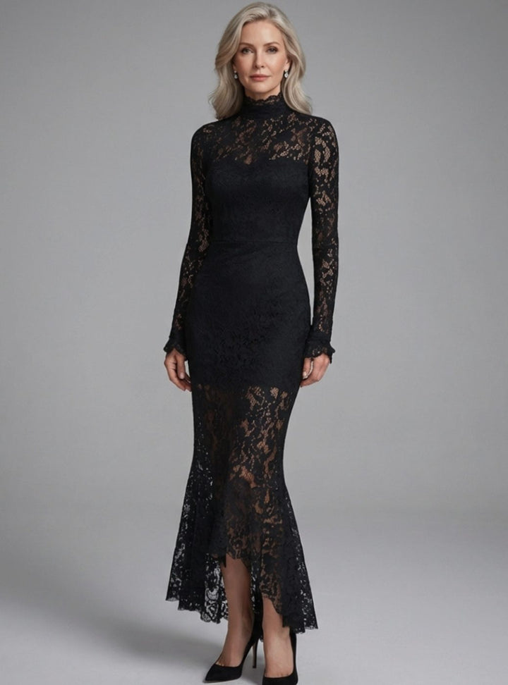 Women's Long-Sleeve Mock-Neck Lace Midi Cocktail Dress - Black