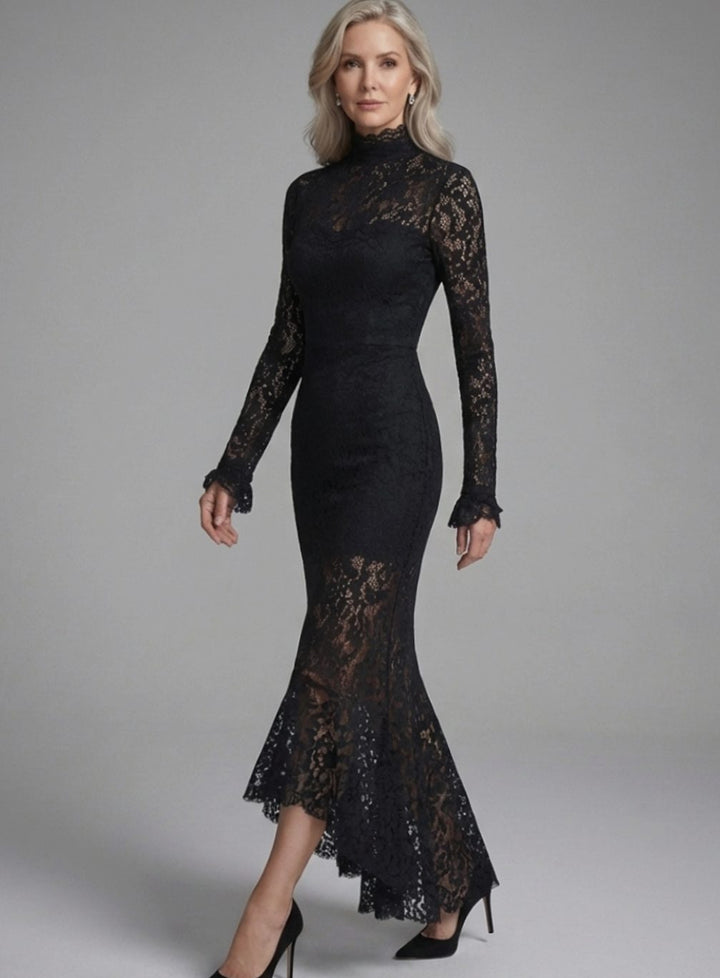 Women's Long-Sleeve Mock-Neck Lace Midi Cocktail Dress