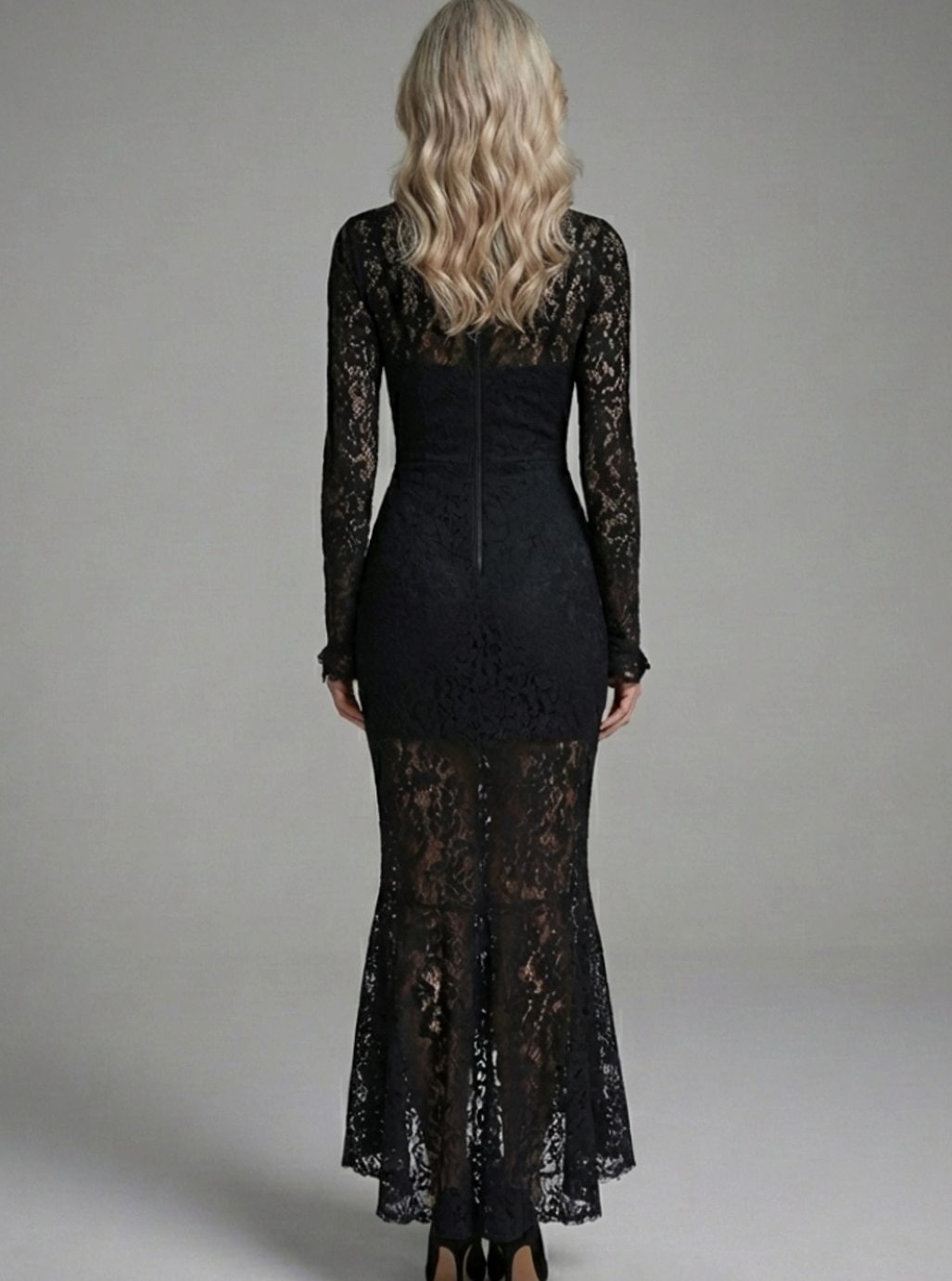 Women's Long-Sleeve Mock-Neck Lace Midi Cocktail Dress