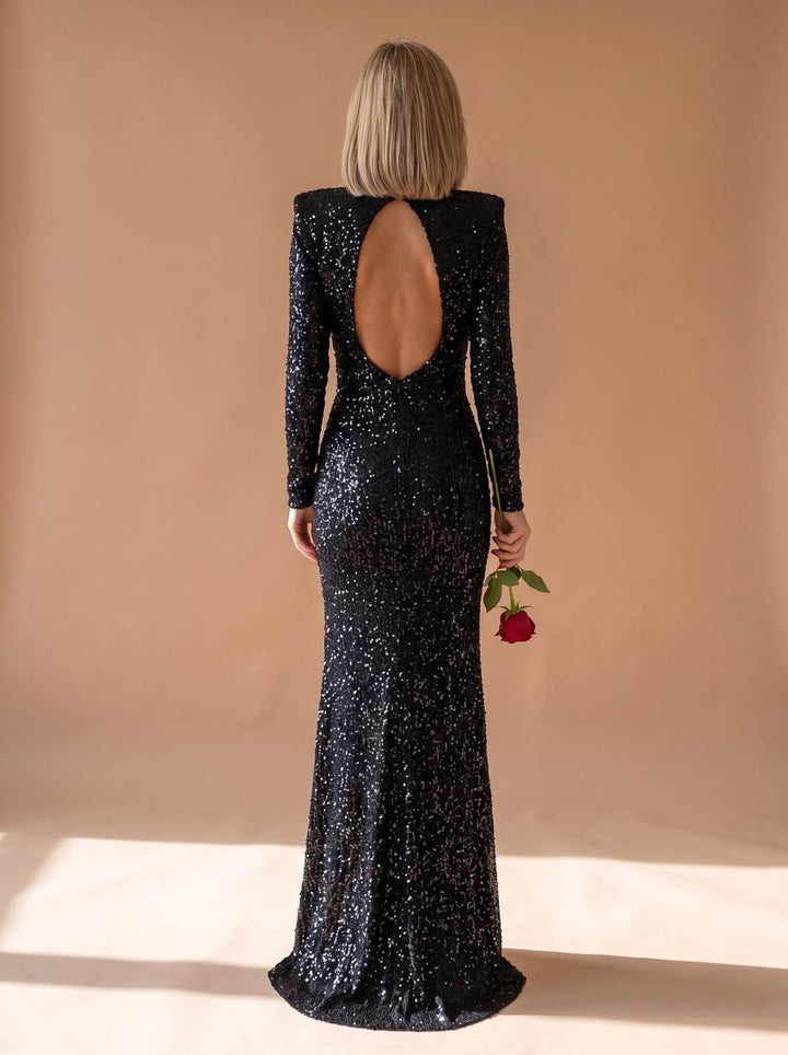 Women's Long-Sleeve Open-Back Sequin Maxi Dress