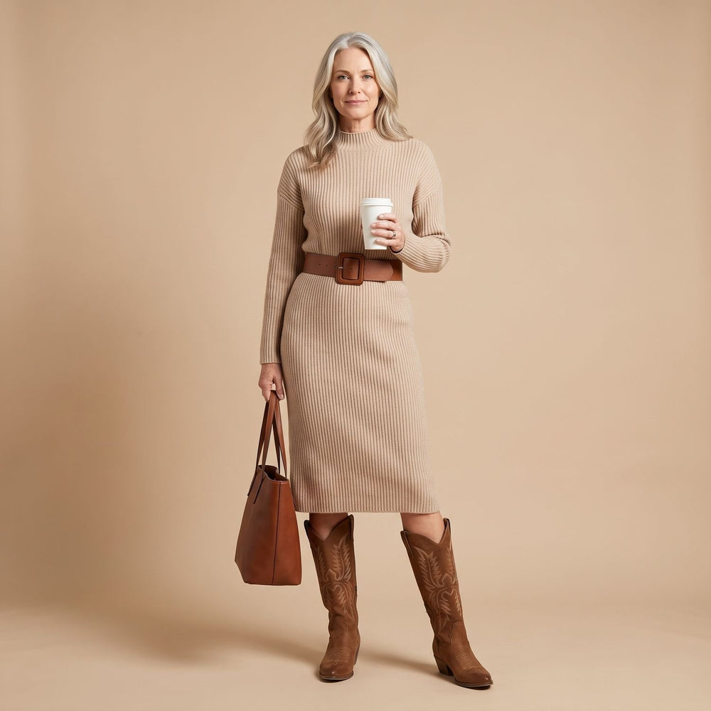 Women's Long Sleeve Ribbed Knit Midi Sweater Dress Mock Turtleneck
