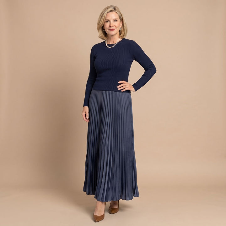 Women's Long Sleeve Ribbed Knit Pleated Midi Dress - Navy