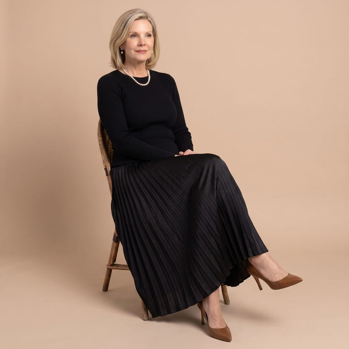 Women's Long Sleeve Ribbed Knit Pleated Midi Dress