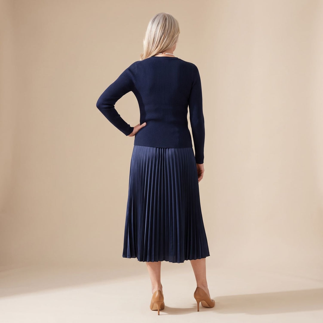 Women's Long Sleeve Ribbed Knit Pleated Midi Dress