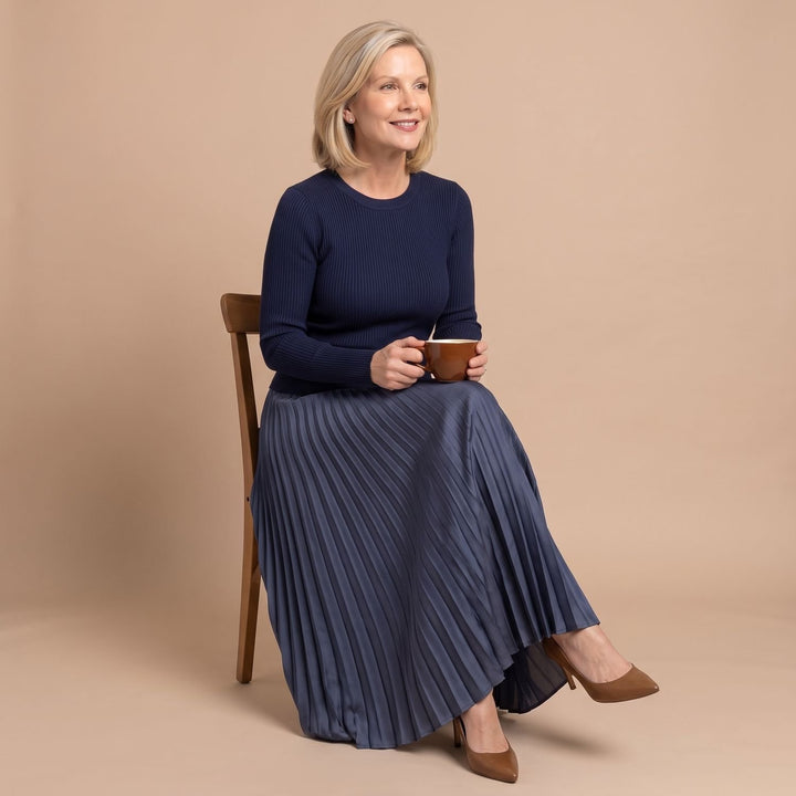 Women's Long Sleeve Ribbed Knit Pleated Midi Dress
