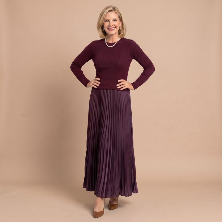 Women's Long Sleeve Ribbed Knit Pleated Midi Dress - Burgundy
