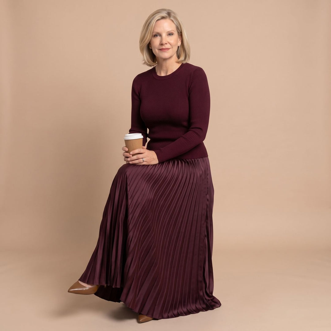 Women's Long Sleeve Ribbed Knit Pleated Midi Dress