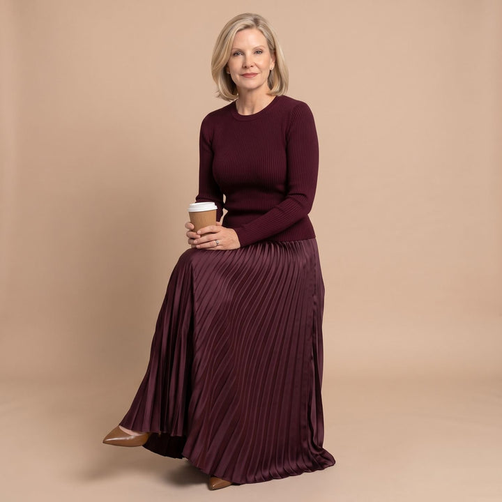 Women's Long Sleeve Ribbed Knit Pleated Midi Dress
