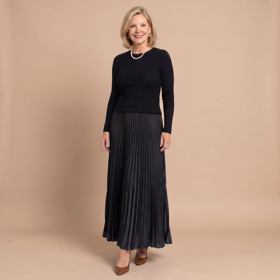 Women's Long Sleeve Ribbed Knit Pleated Midi Dress - Black