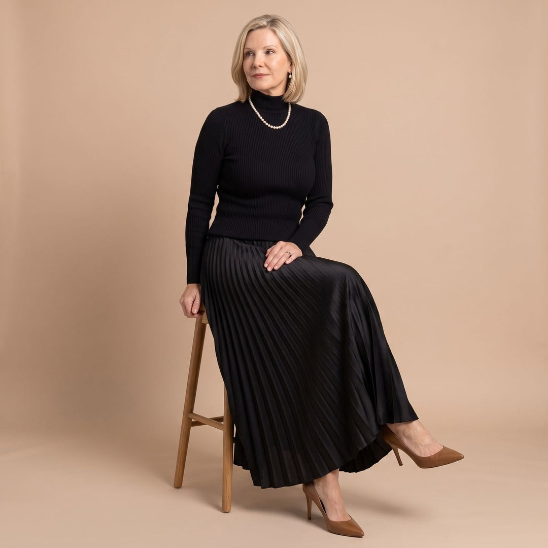 Women's Long Sleeve Ribbed Knit Pleated Midi Dress