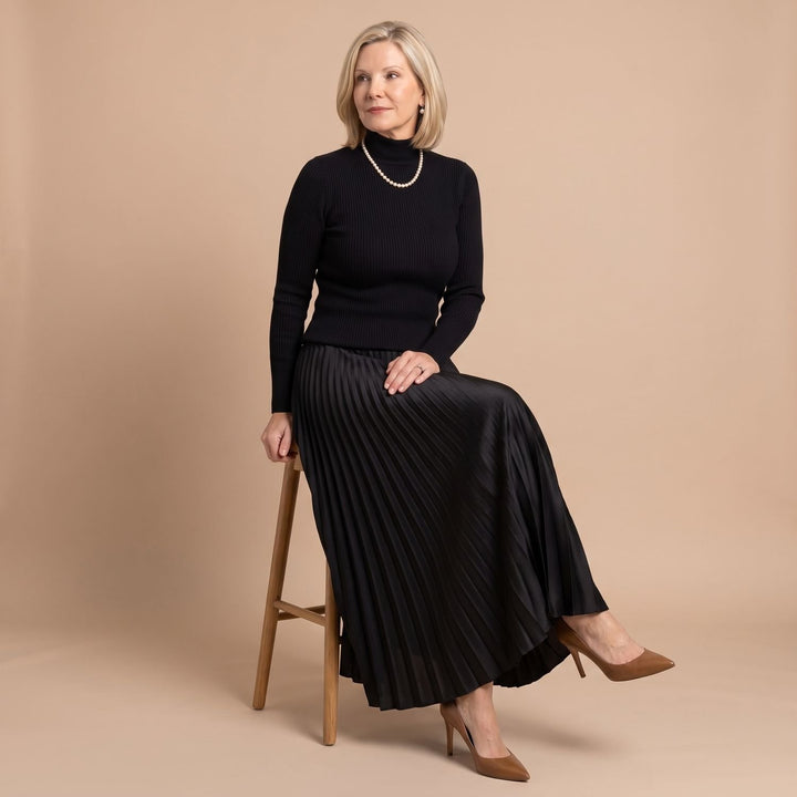 Women's Long Sleeve Ribbed Knit Pleated Midi Dress