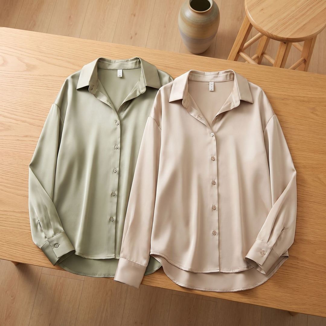 Women's Long-Sleeve Satin Blouse Relaxed Button-Down Shirt